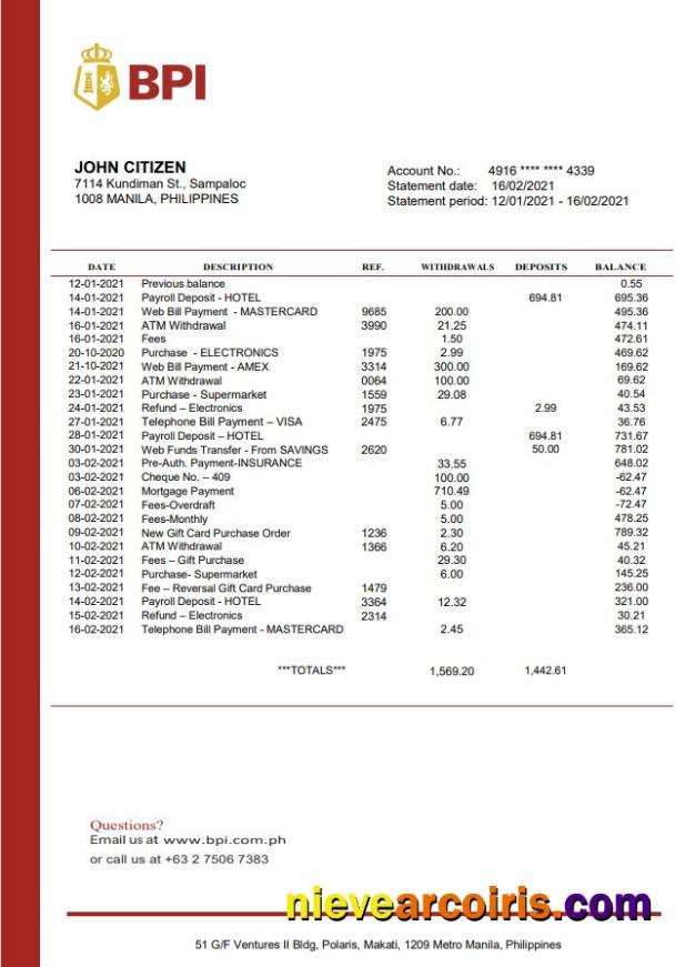 Philippines Bank of the Philippine Islands proof of address bank statement in Word and PDF format